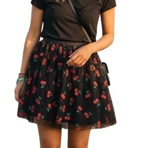 Unique Vintage Black Tulle Cherry Print Mini Skirt Glitter Rockabilly 1X 16